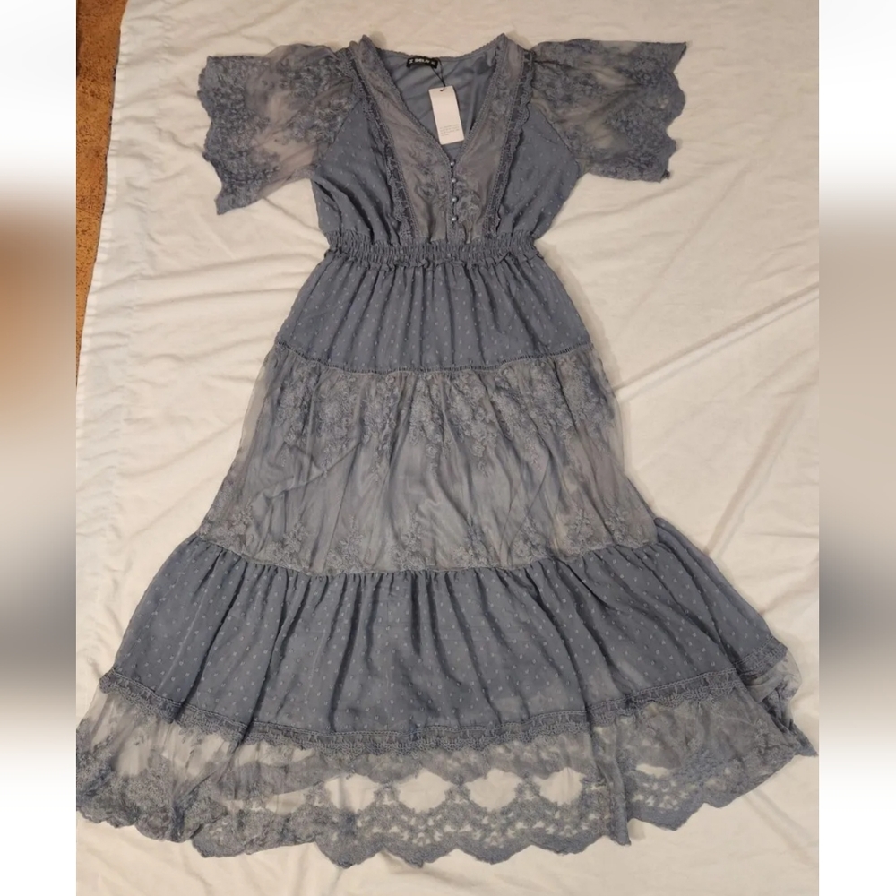 SHEILAY Long Blue Floral Mesh Lace Dress size Medium Brand New w/ Tags